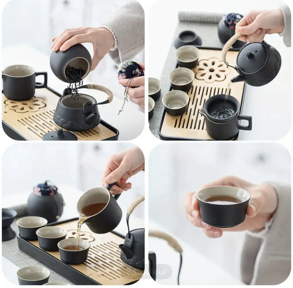 Ensemble en céramique et plateau en bambou