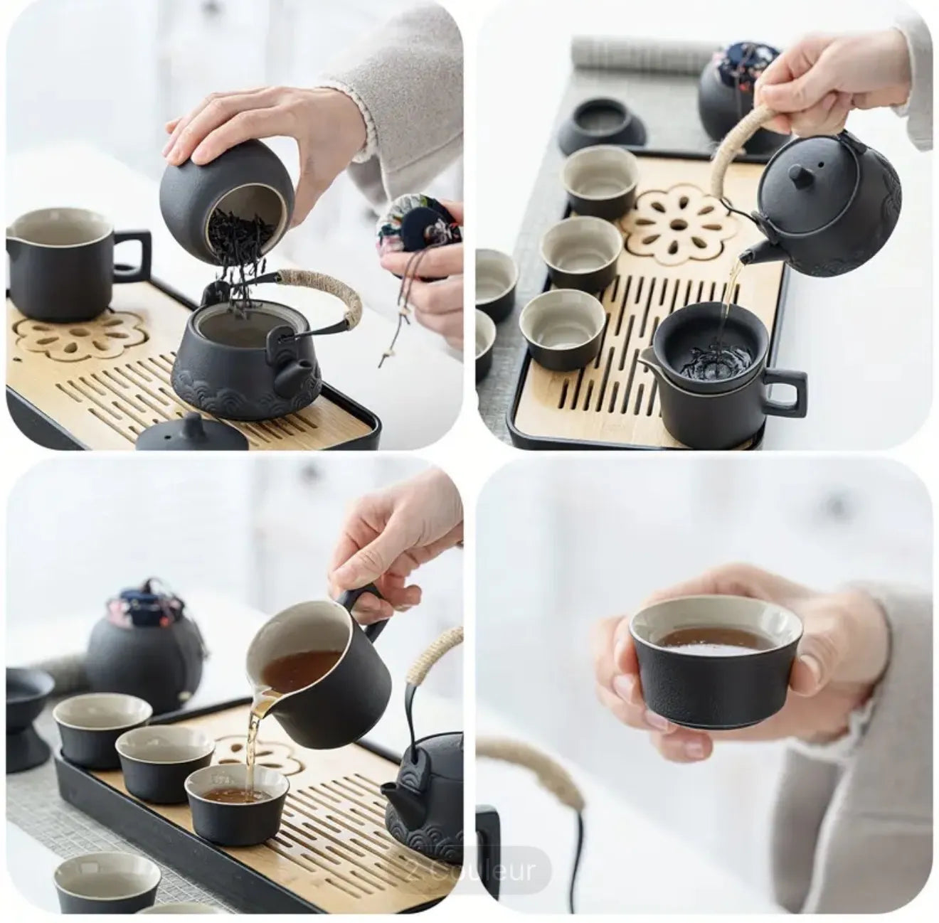 Ensemble en céramique et plateau en bambou